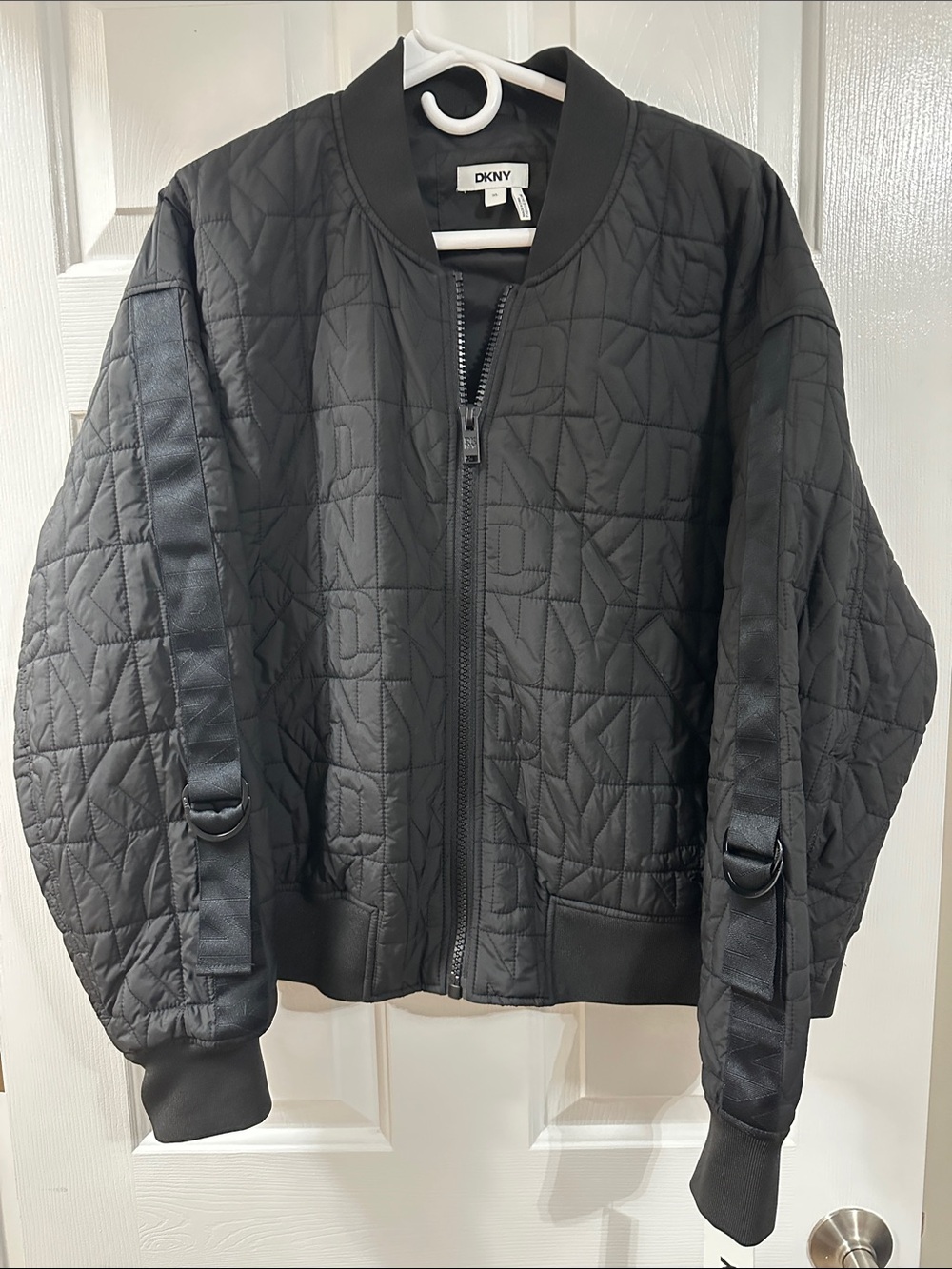 DKNY Black Quilted Bomber Jacket with Logo Stitching